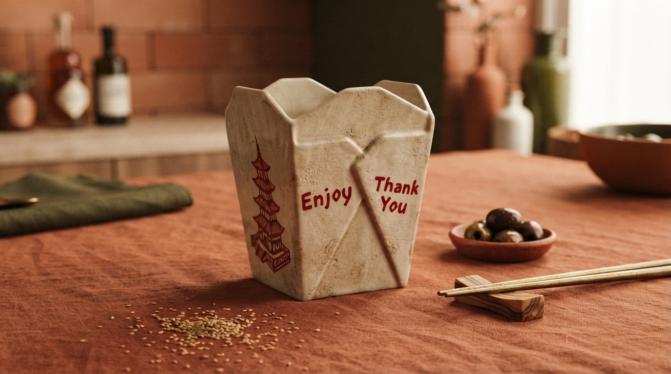 Editorial illustration for The Chinese Takeout Box Is an American Invention: How an Oyster Pail Became a Cultural Icon